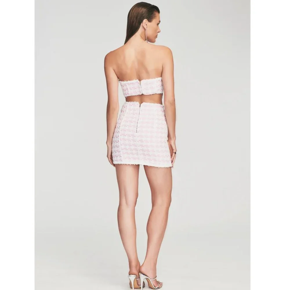 Retrofete Betheny Strapless Cutout Houndstooth Boucle-Tweed Pink Mini Dress
